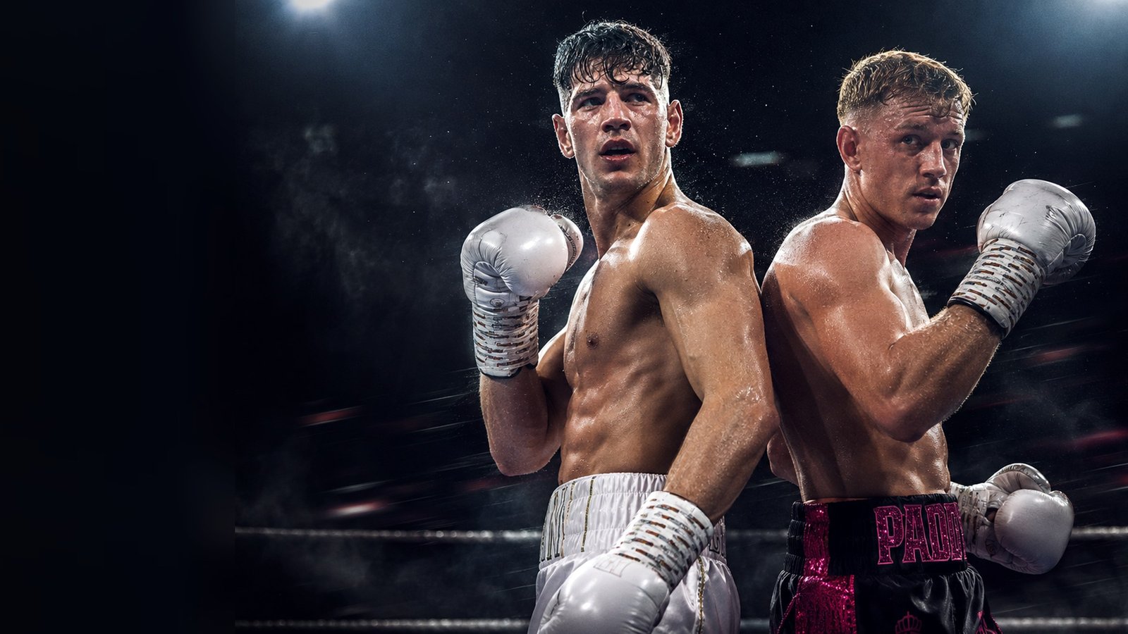 Liam and Paddy Walsh standing back to back in a boxing ring under arena spotlights