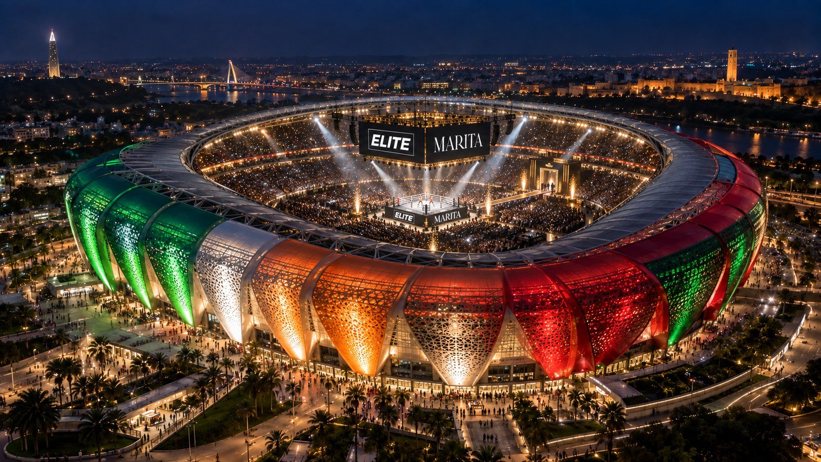 Aerial night view of a Rabat stadium lit in green, white and red with ELITE and MARITA branding